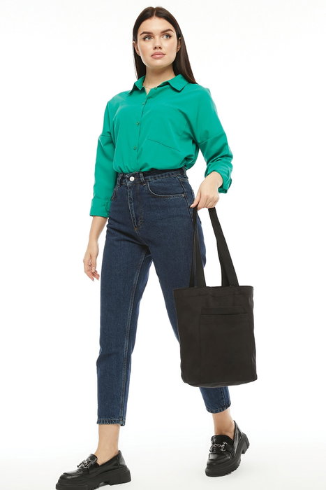 Zoozie Bags Bolso Tote 2116, Bolso de Mano de Gabardina 100% Negro con 2 Bolsillos Exteriores, 33 x 45 x 10 cm